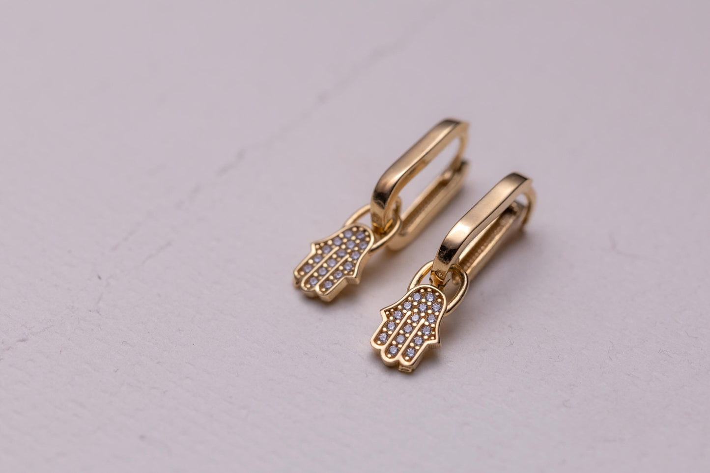 Hamsa Hand Hoop Earrings, 14K Gold CZ Huggie Earrings, Evil Eye Protection Earrings, Fatima Hand Gold Hoops, Minimal Dangle Earrings Gift