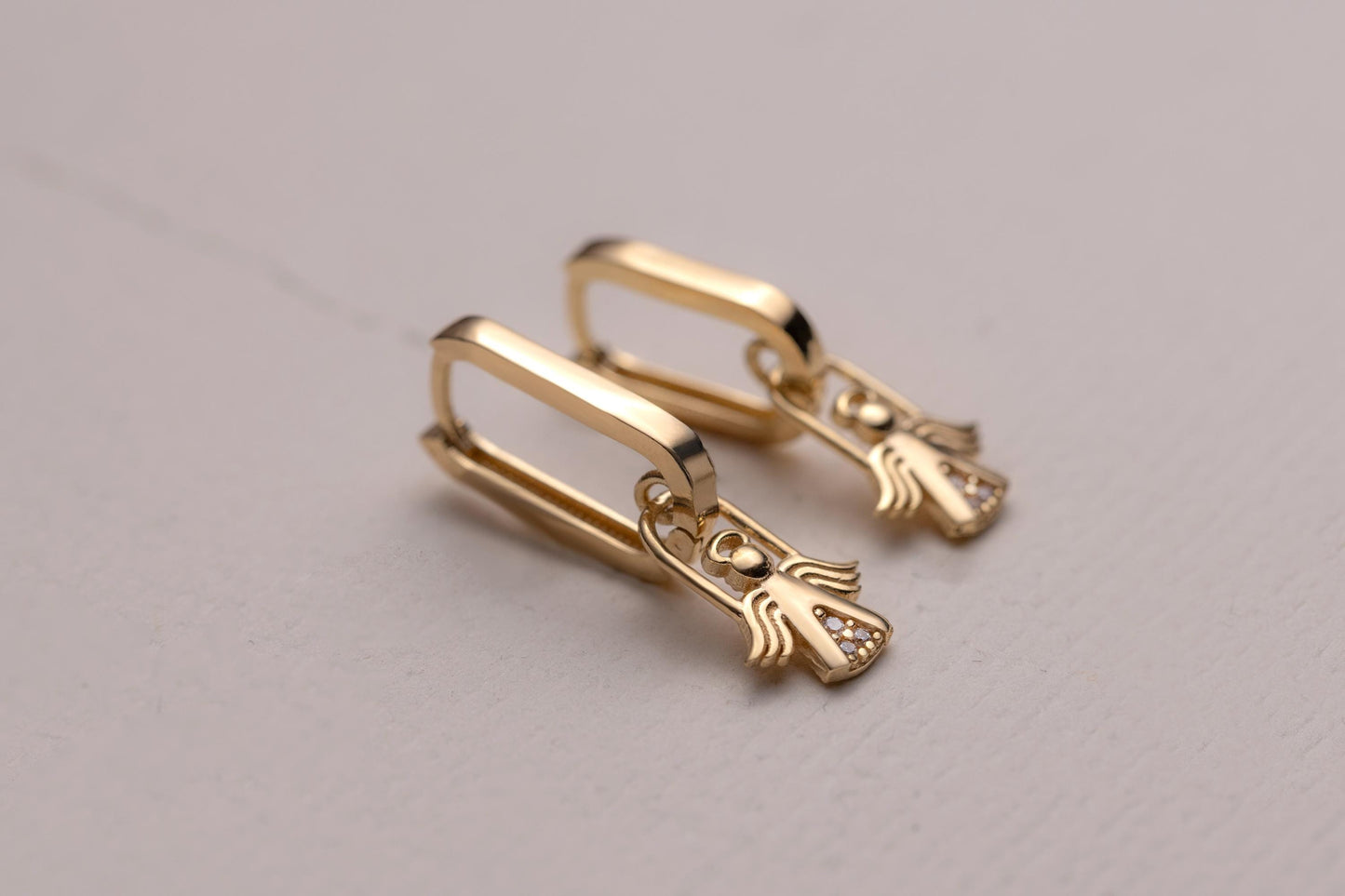 Gold Angel Charm Huggie Hoop Earrings, Dainty CZ Guardian Angel Earrings, Minimal Gold Hoop Earrings, Spiritual Protection Jewelry Gift