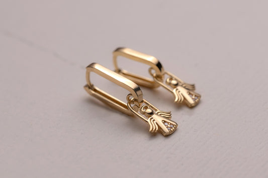 Gold Angel Charm Huggie Hoop Earrings, Dainty CZ Guardian Angel Earrings, Minimal Gold Hoop Earrings, Spiritual Protection Jewelry Gift