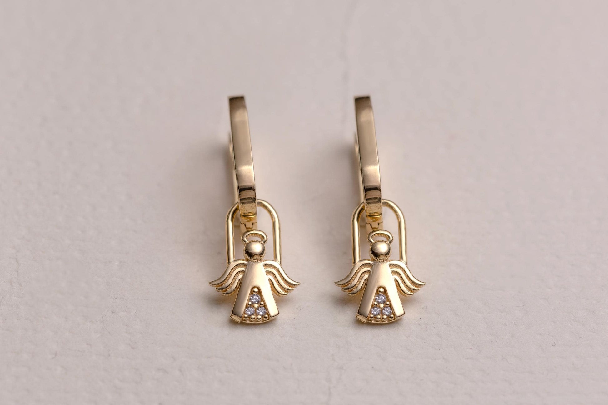 Gold Angel Charm Huggie Hoop Earrings, Dainty CZ Guardian Angel Earrings, Minimal Gold Hoop Earrings, Spiritual Protection Jewelry Gift