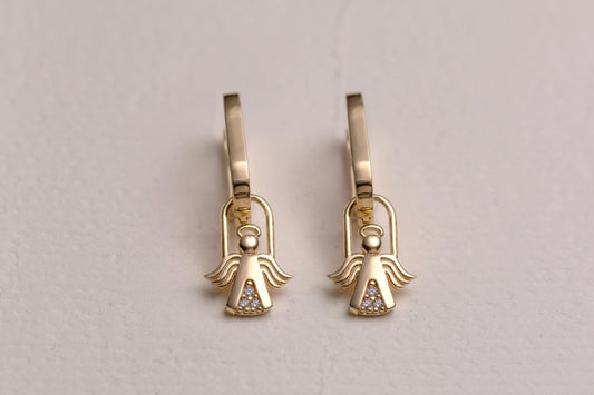 Gold Angel Charm Huggie Hoop Earrings, Dainty CZ Guardian Angel Earrings, Minimal Gold Hoop Earrings, Spiritual Protection Jewelry Gift