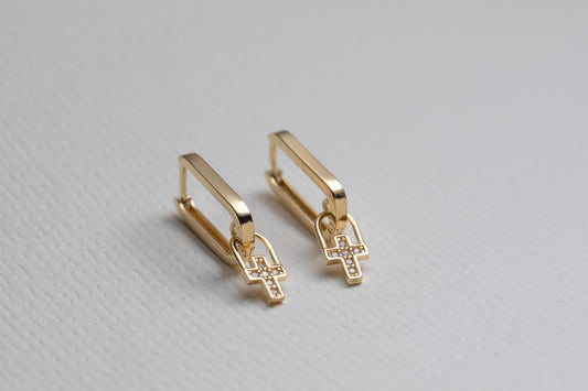 Gold Cross Charm Huggie Hoop Earrings, Dainty CZ Cross Earrings, Minimal Gold Huggie Hoops, Faith Religious Jewelry, Everyday Gold Earrings