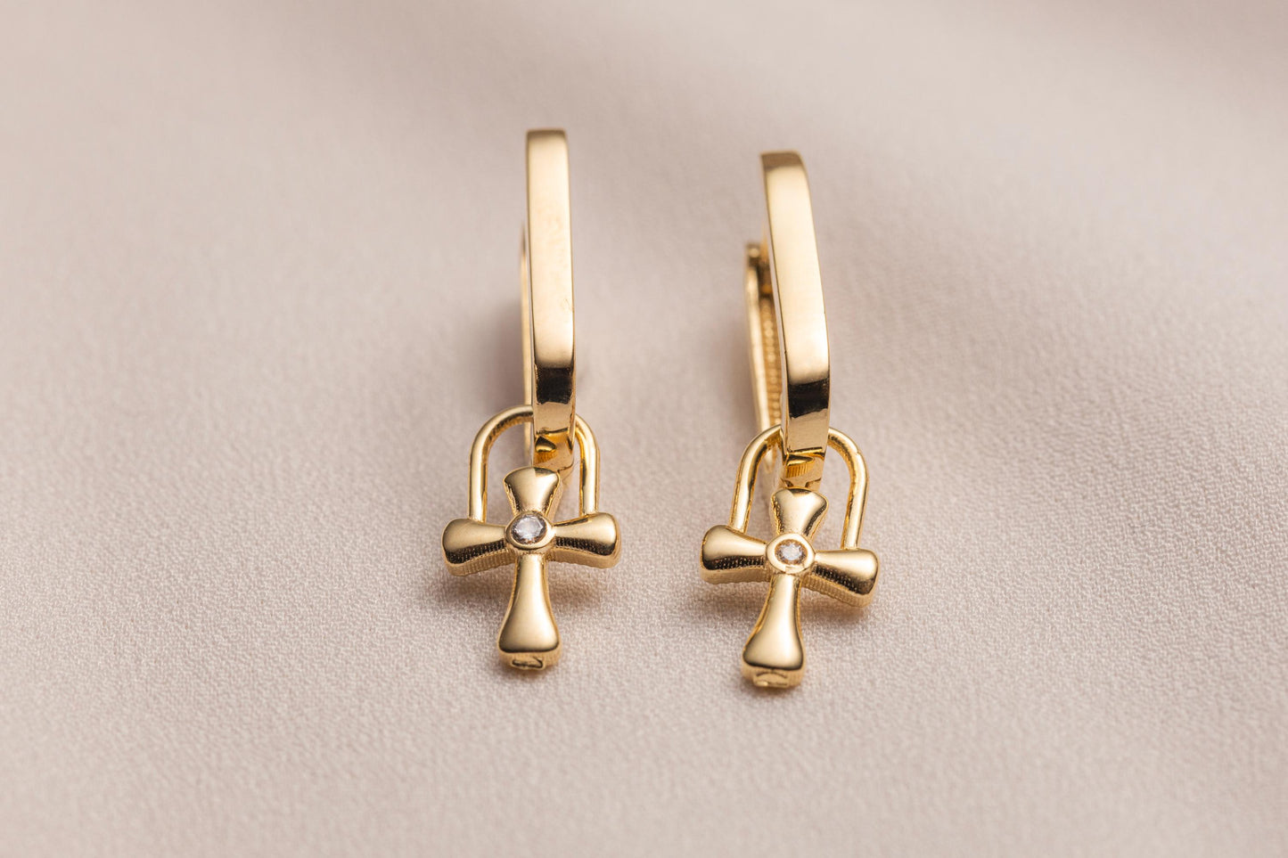 Minimal Gold Cross Huggie Earrings, Small CZ Cross Hoop Earrings, Faith Inspired Gold Earrings, Bridesmaid Jewelry Gift