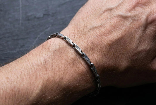 Sterling Silver Patterned Handmade Chain Bracelet, Vintage Bracelet, Silver Plated Handmade Bracelet, Men Bracelet, Valentines Gift for Him