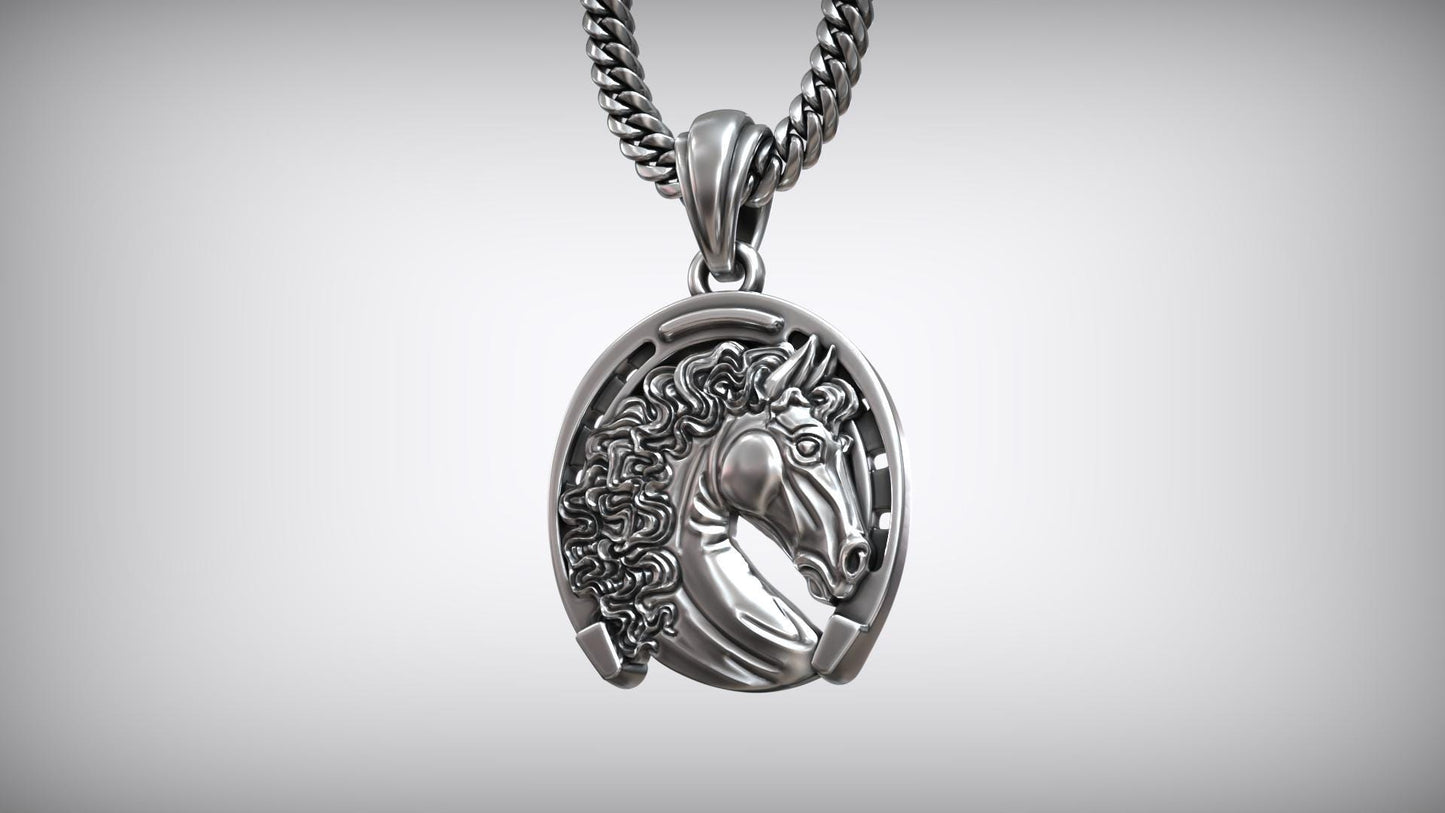 Silver Horse Engraved Pendant, Horse Head Pendant, Animal Head Pendat, Sterling Silver  Plated Lucky Horse, Unique Gift for Horse Lovers