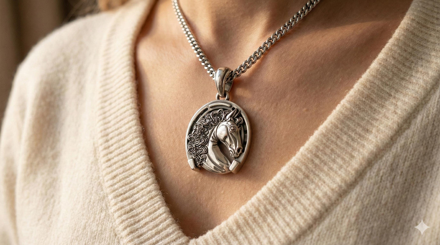 Silver Horse Engraved Pendant, Horse Head Pendant, Animal Head Pendat, Sterling Silver  Plated Lucky Horse, Unique Gift for Horse Lovers