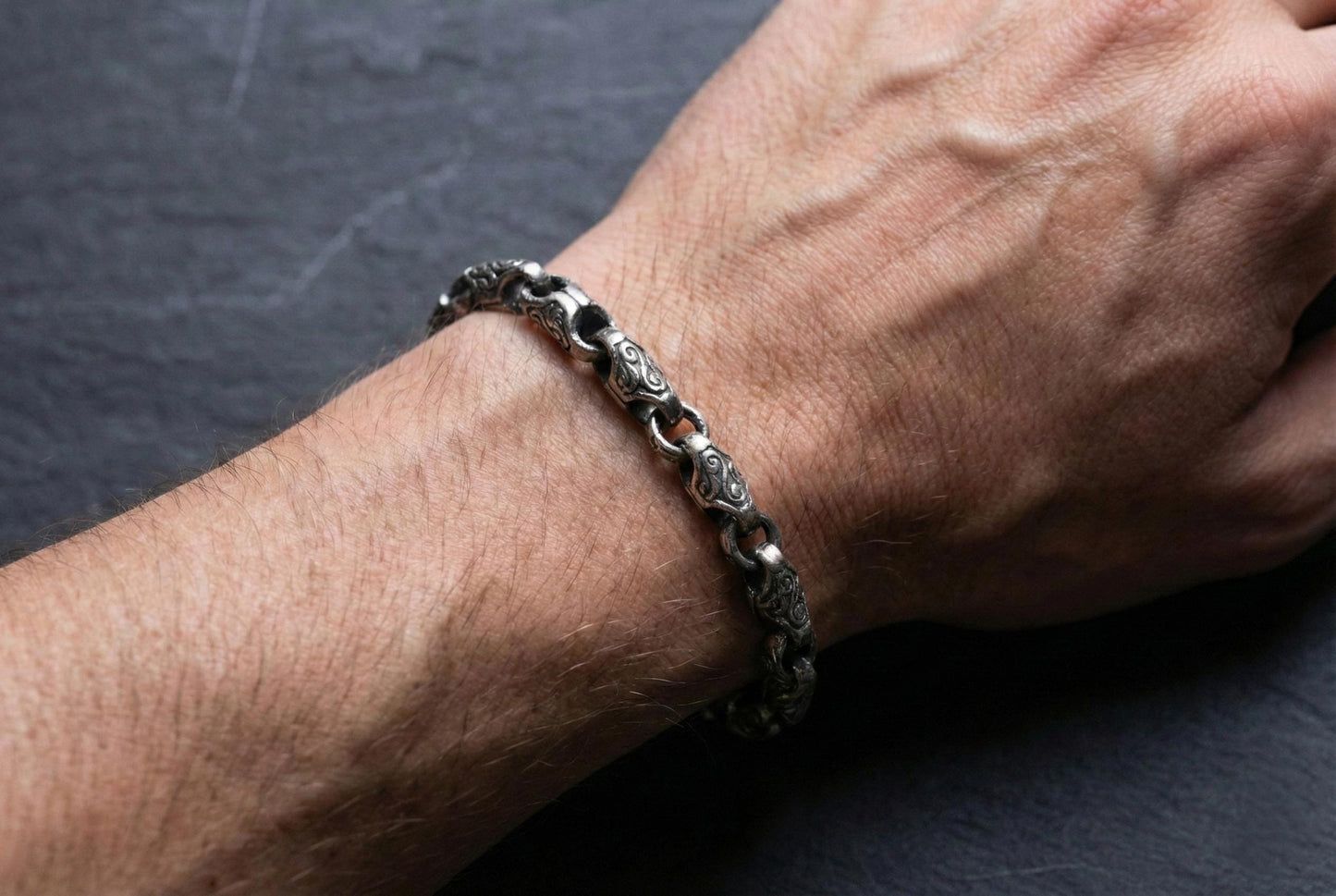 Sterling Silver Chain Link Bracelet, Wind Patterned Bracelet, Silver Plated Minimal Handmade Bracelet, Mens Bracelet, Gift for Him