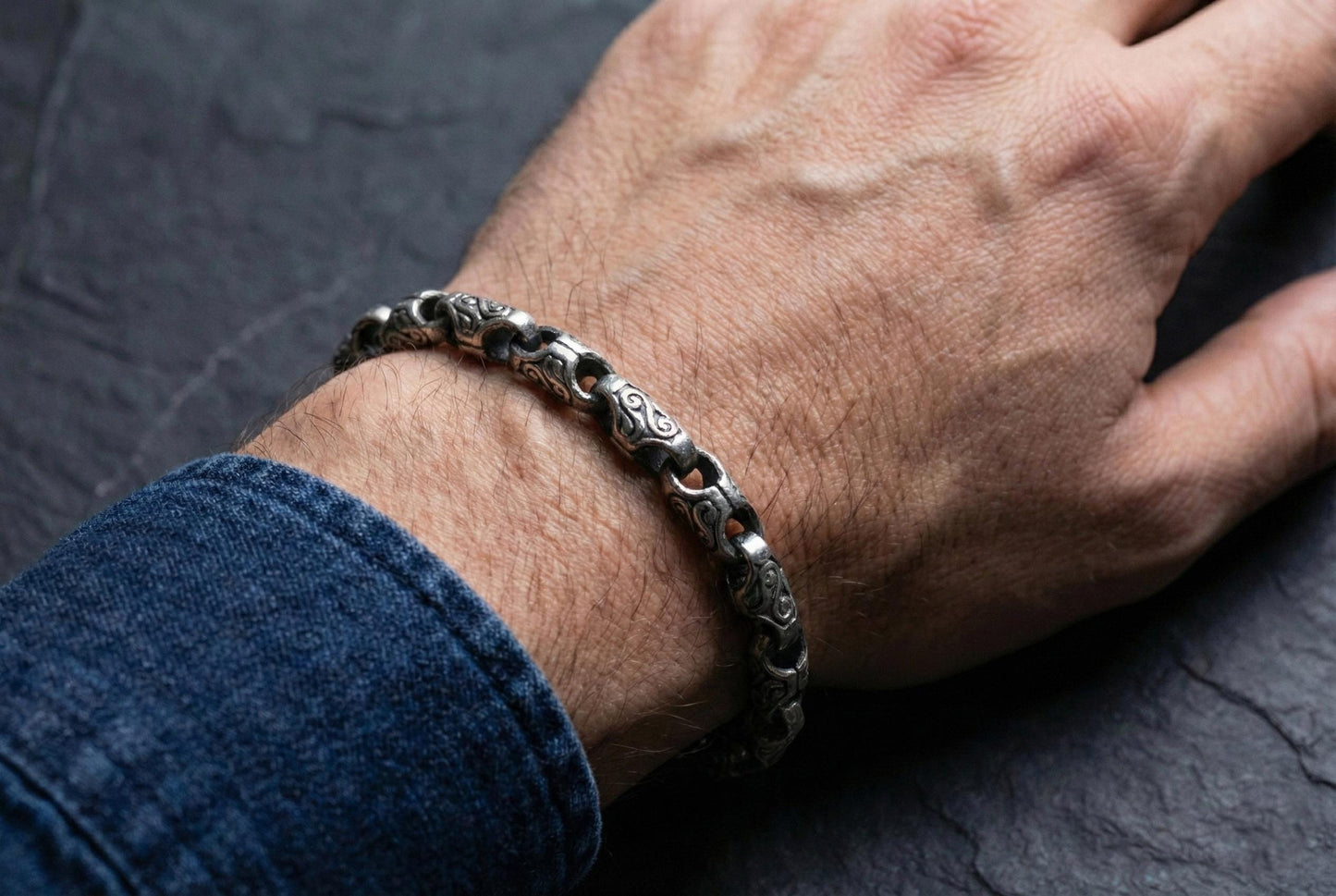 Sterling Silver Chain Link Bracelet, Wind Patterned Bracelet, Silver Plated Minimal Handmade Bracelet, Mens Bracelet, Gift for Him