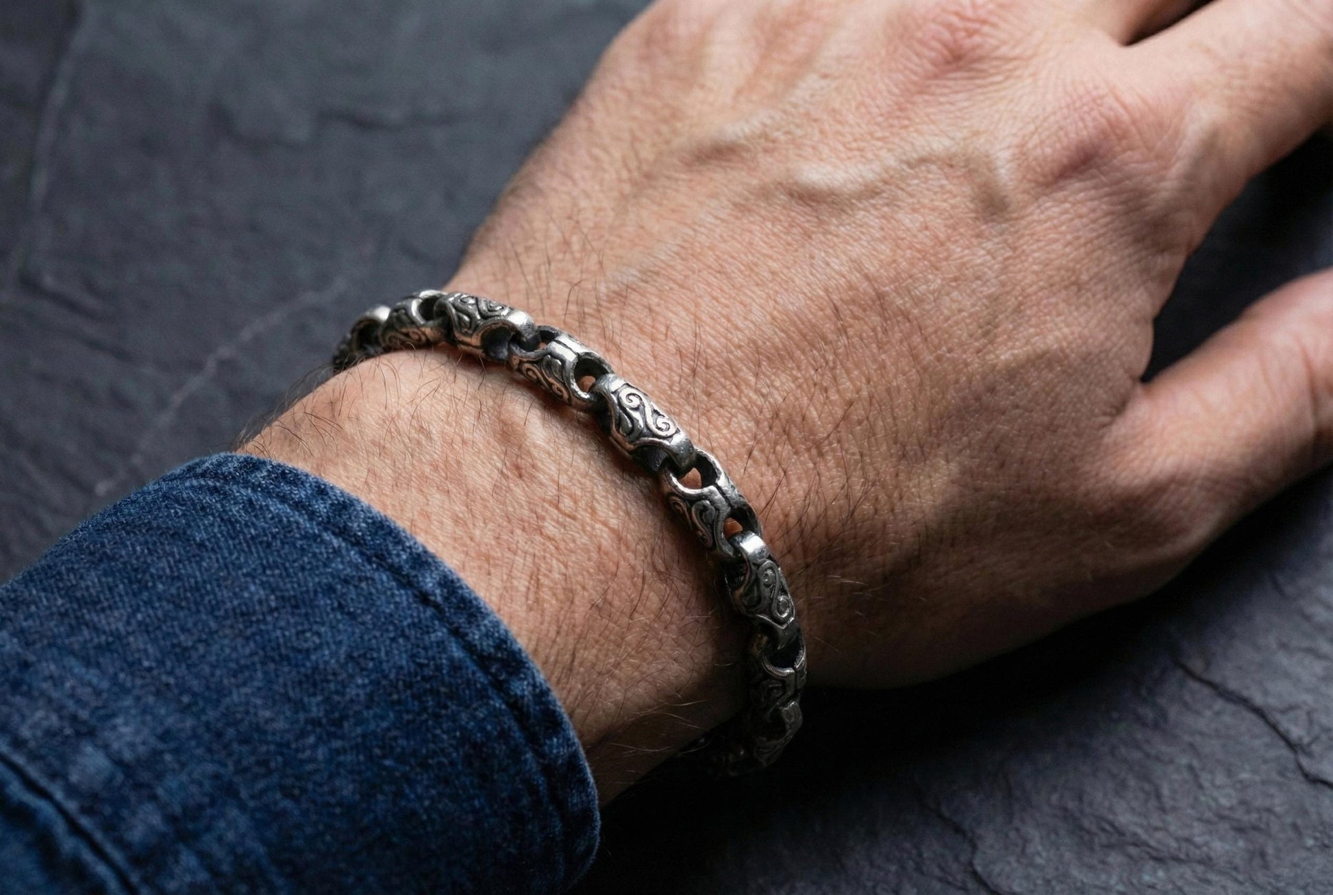 Sterling Silver Chain Link Bracelet, Wind Patterned Bracelet, Silver Plated Minimal Handmade Bracelet, Mens Bracelet, Gift for Him