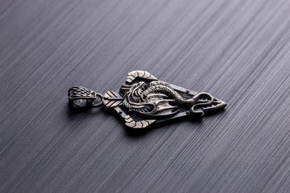 Sterling Silver Dragon Arrowhead Pendant featuring an intricately detailed dragon wrapped around an arrowhead design, crafted in silver jewelry style for a bold chain necklace accessory.